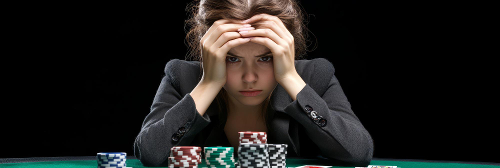 Discouraged woman at the poker table with casino chips in front of her